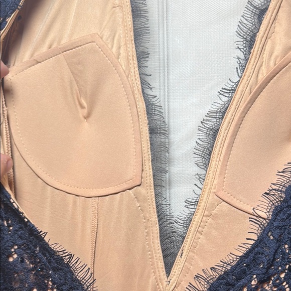 Navy Blue Evening Gown Nude Lining with Lace Overtop Beaded Plunging Neckline - Picture 10 of 16